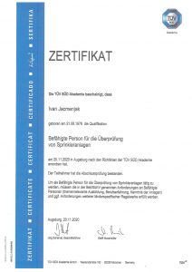 Hier zeigt ein Zertifikat das Ivan zertifiziert ist Sprenkleranlagen zu überprüfen also Hausmeister Dienstleistung im Allgäu